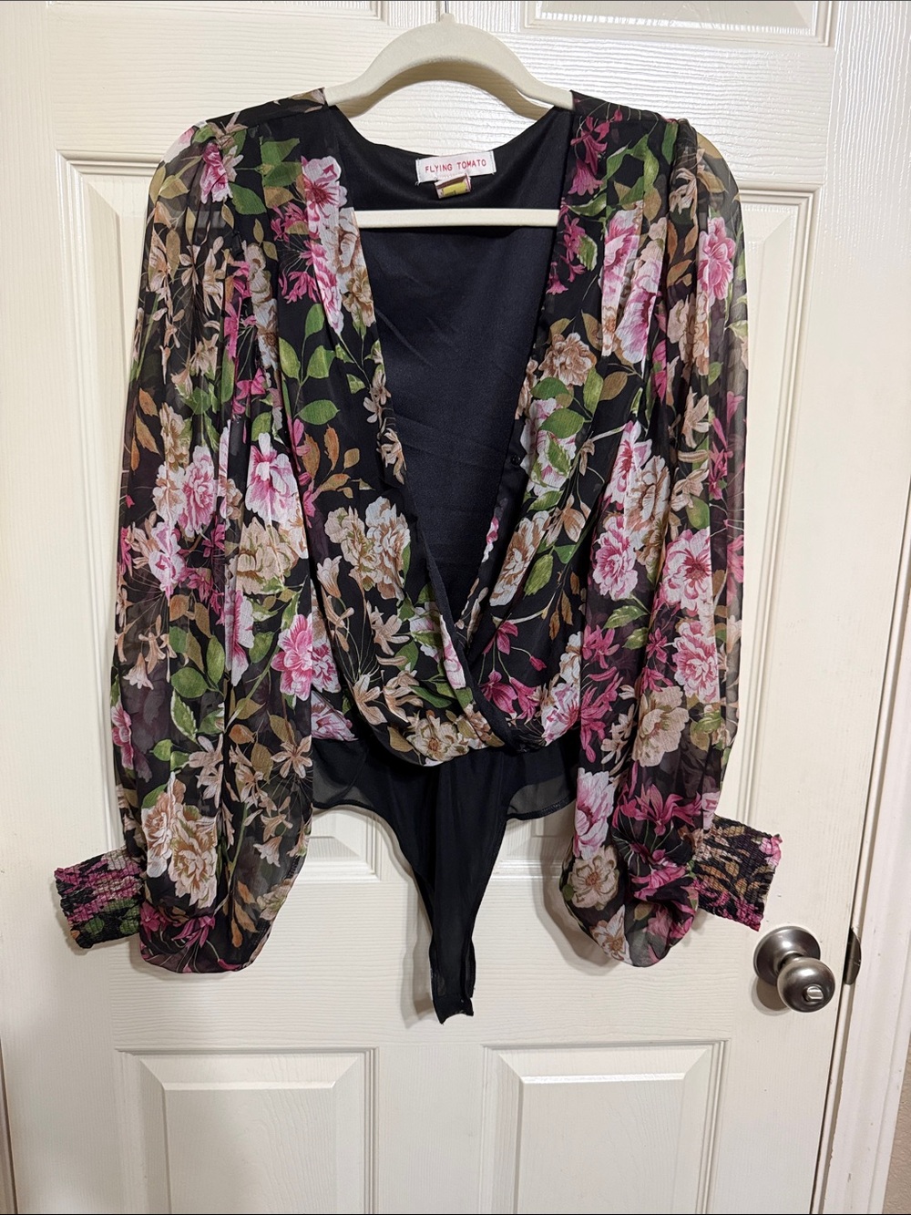 Flying Tomato Black Floral Wrap Bodysuit with Pink & Green Accents